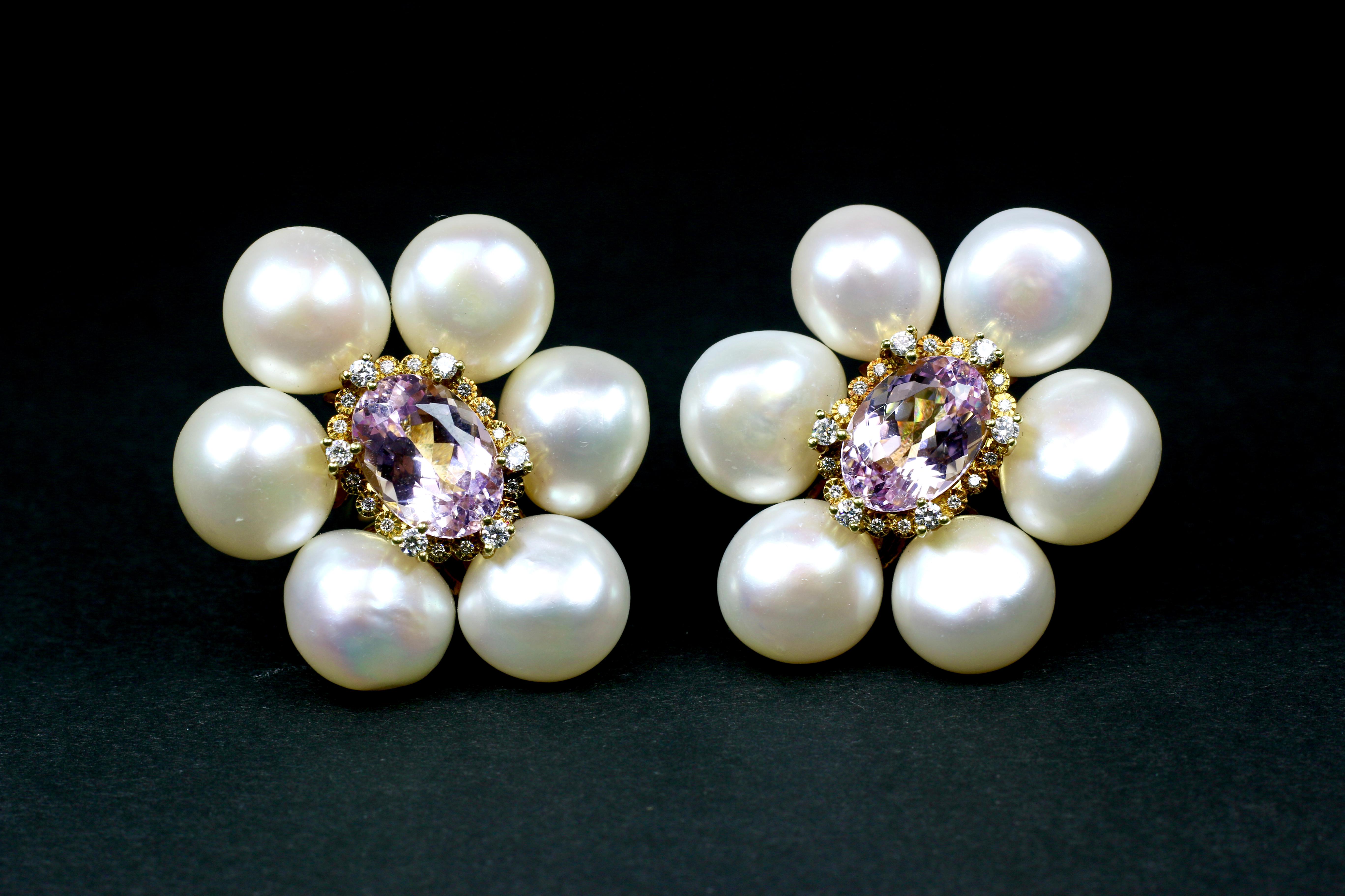 Judith Ripka Pearl Gold and Diamond Clip-On Earrings. 
Starburst with Faceted Oval Kunzite