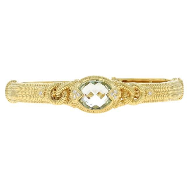 Judith Ripka Prasiolite/Quartz & Diamond Cuff Bracelet 6" Yellow Gold 18k .10ctw For Sale