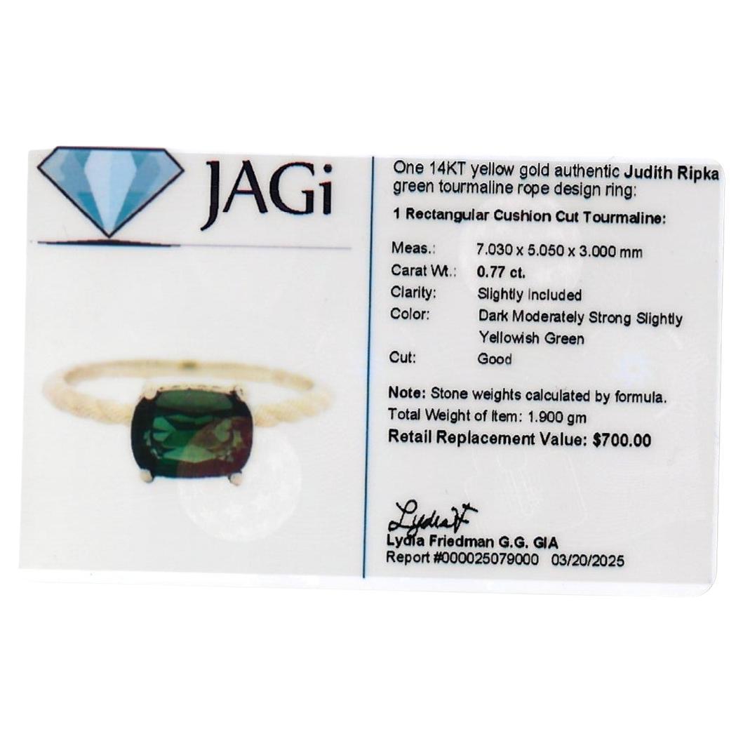 Judith Ripka, bague rectangulaire en or jaune 14 carats avec tourmaline verte taille coussin en vente 6