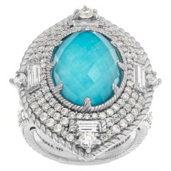 Vintage Judith Ripka Ring with Faceted Blue Topaz and cz White Stones in Sterling Silver