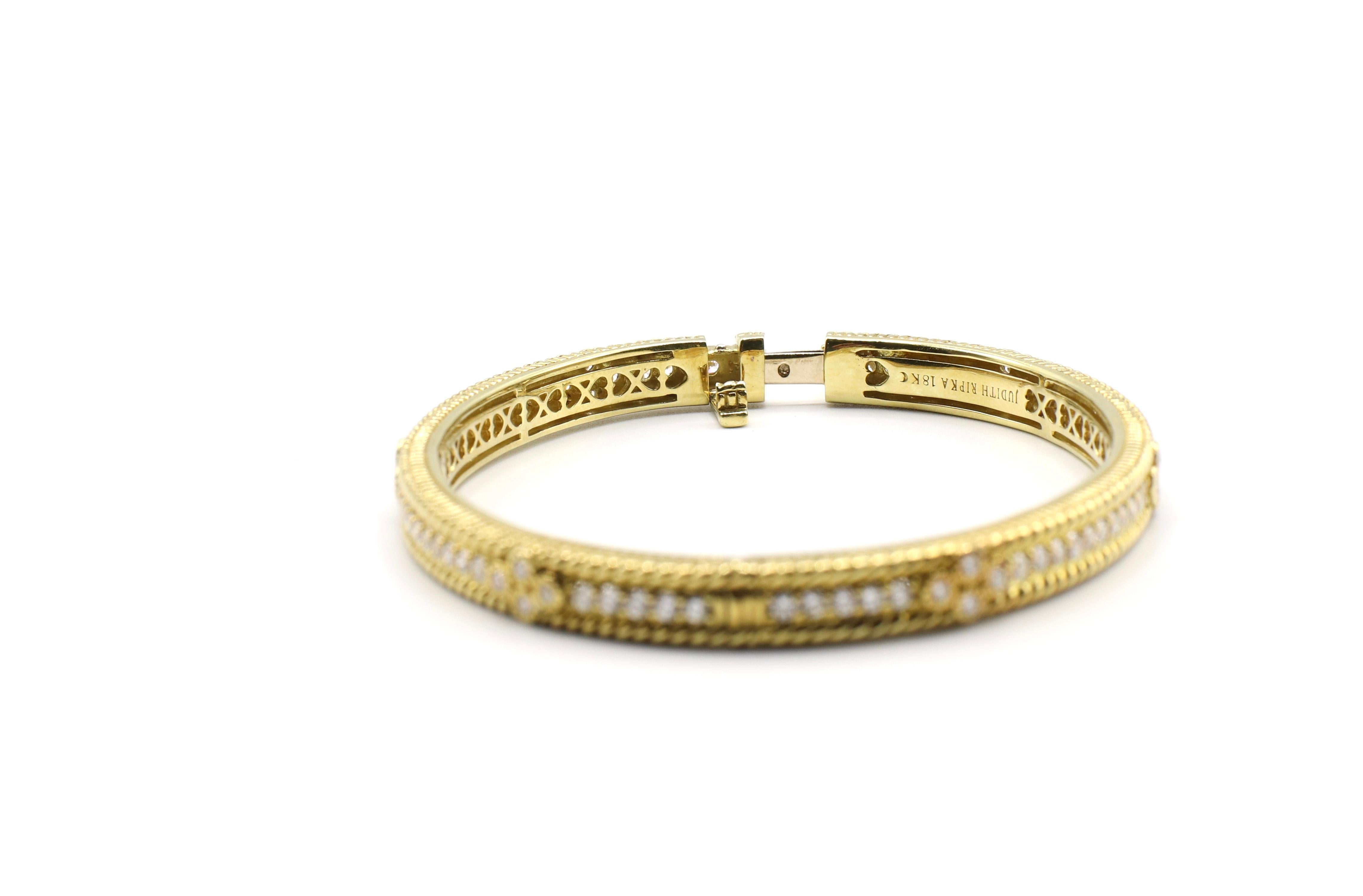 Round Cut Judith Ripka Romance 18K Yellow Gold Diamond 2.50 Carat Bangle Bracelet Hinged
