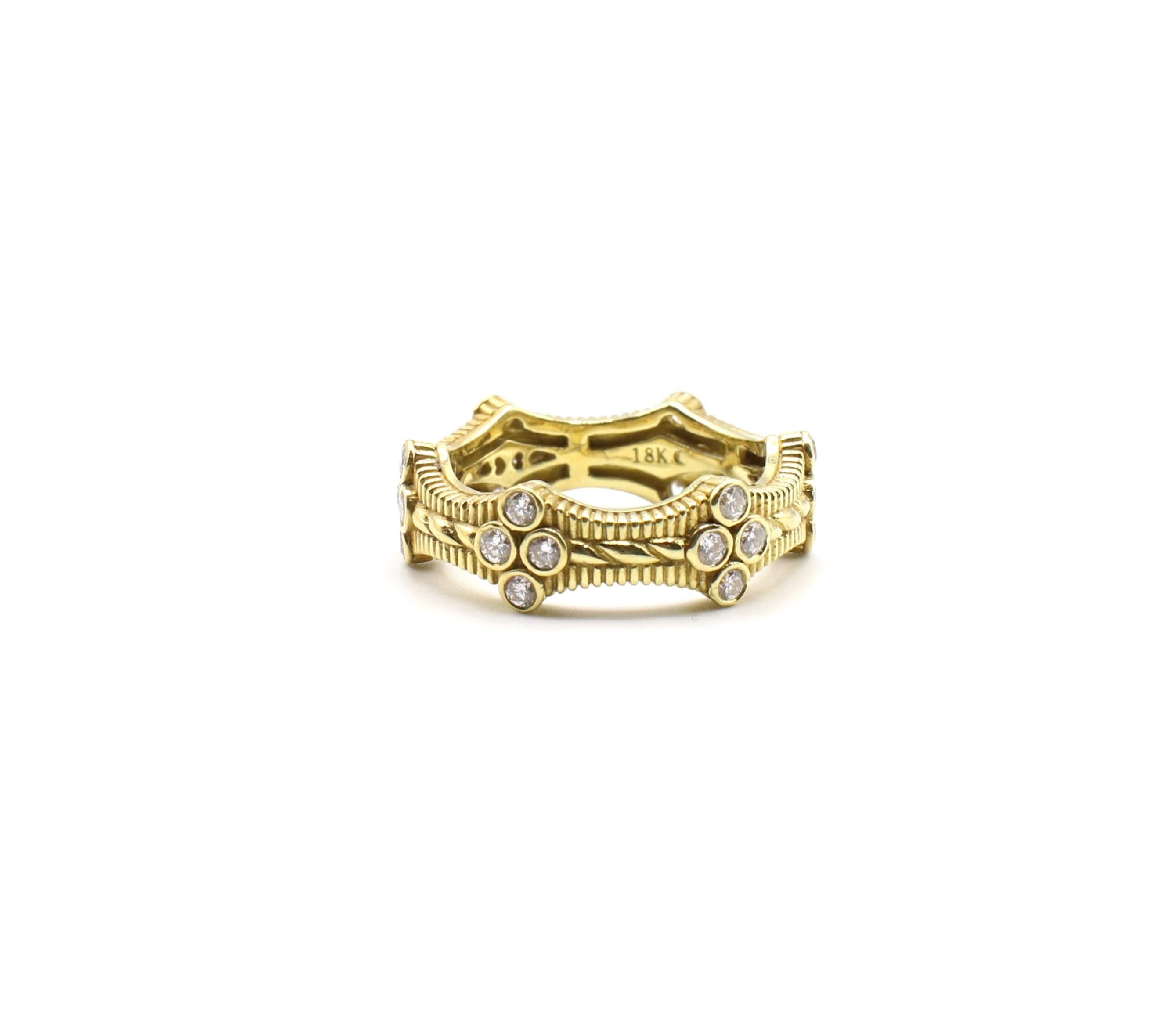 For sale is a Judith Ripka ring from the Romance collection made of 18K Yellow Gold & Diamonds. This ring contains approx 0.75ctw. of round brilliant cut diamonds graded G VS. This piece fits a size 6 finger and is about 6.75mm at the widest point