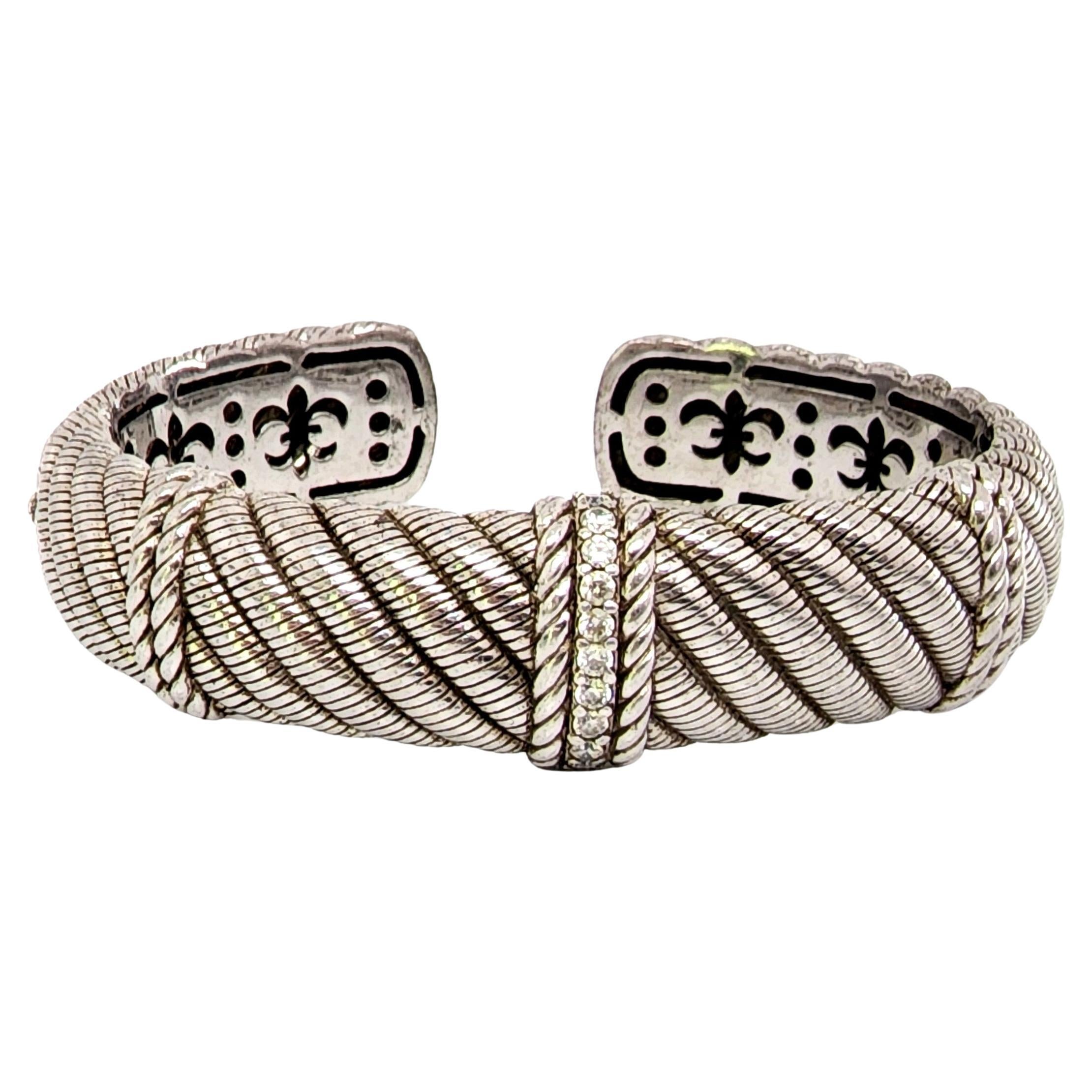 Judith Ripka S S CZ Diamonique Wide Cable Twist Hinged Cuff Bracelet #12821 For Sale