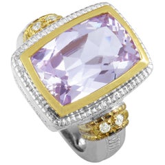 Judith Ripka Silver and 18 Karat Yellow Gold Diamond and Pink Zircon Ring