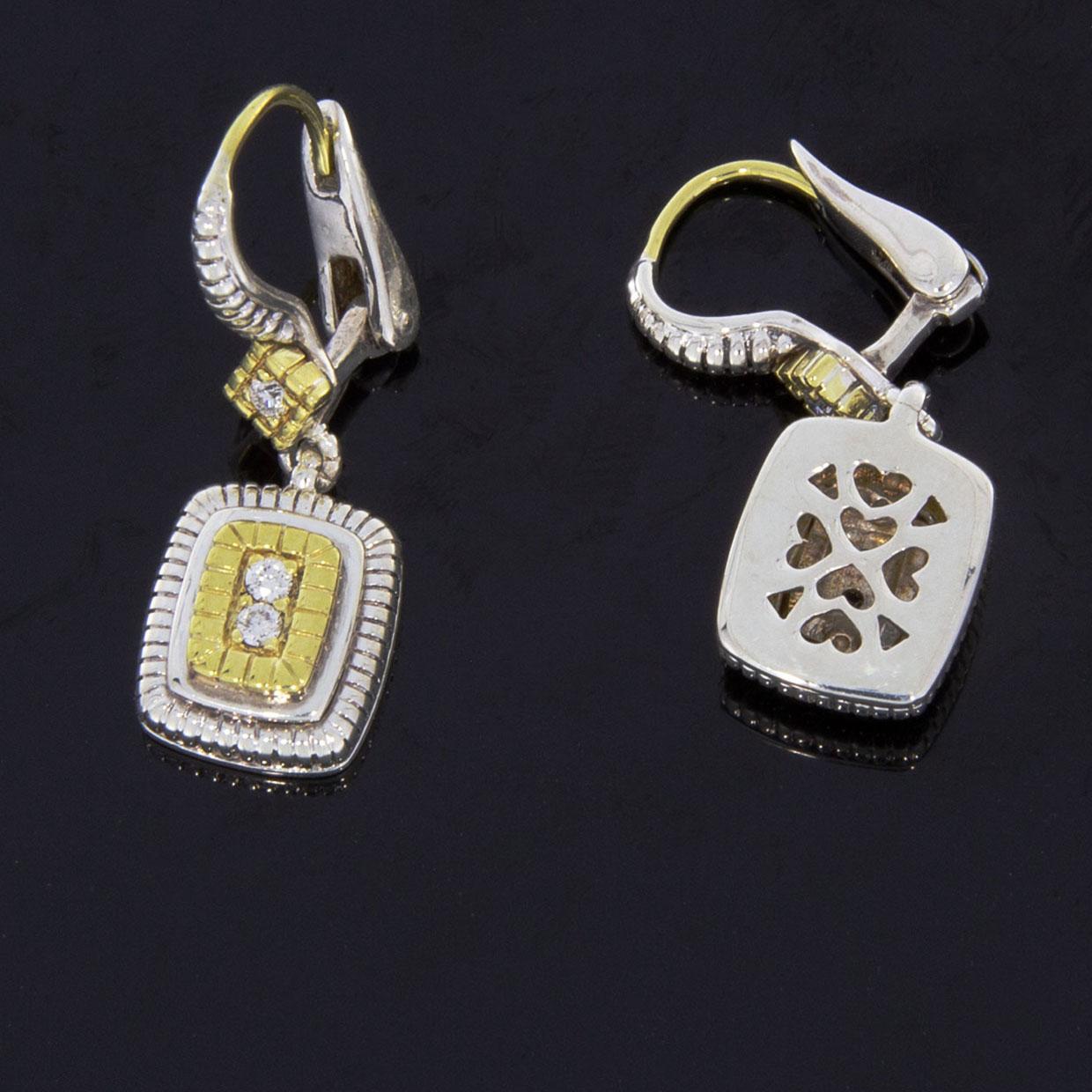 Judith Ripka Silver and Gold Pave Diamond Cushion Drop Berge Earrings In Excellent Condition In Columbia, MO
