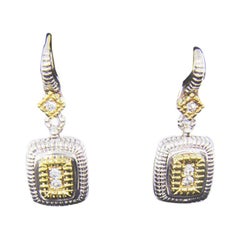 Used Judith Ripka Silver and Gold Pave Diamond Cushion Drop Berge Earrings