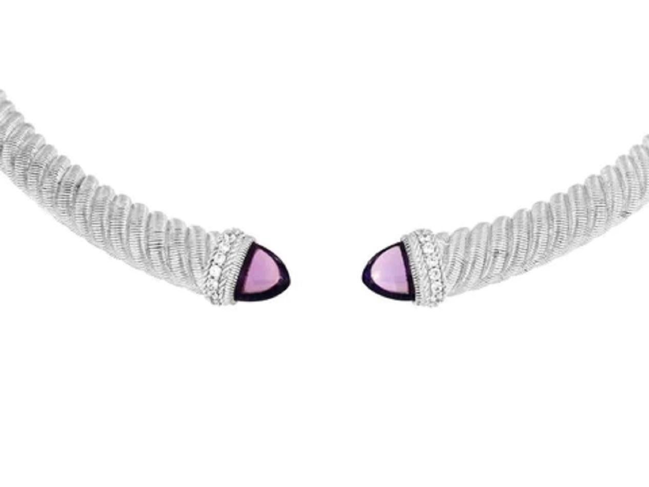 Trillion Cut Judith Ripka Silver/Purple Textured With Amethyst Necklace For Sale