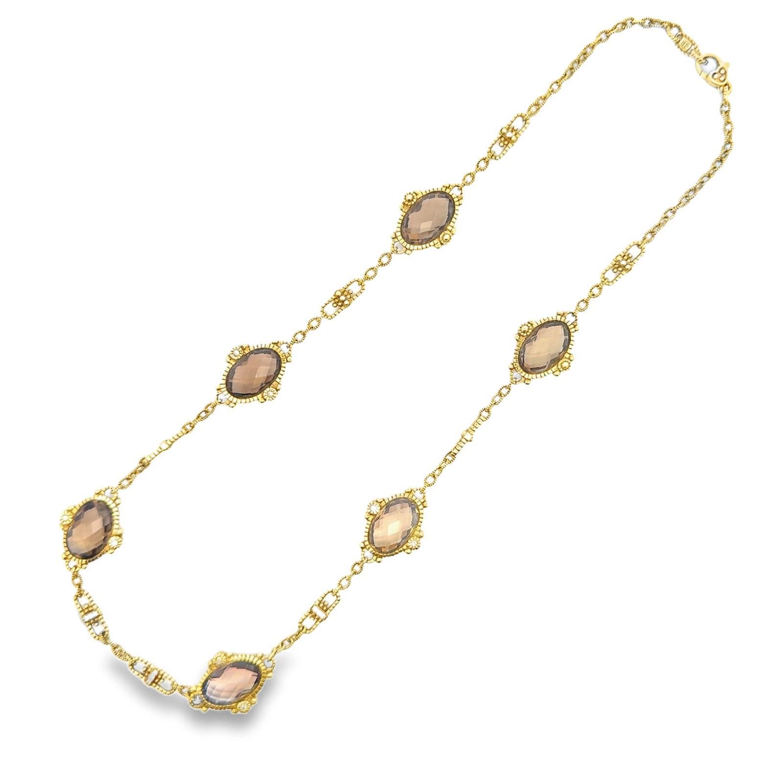 Modern Judith Ripka Smokey Quartz Diamond 18 Karat Yellow Gold Link Necklace