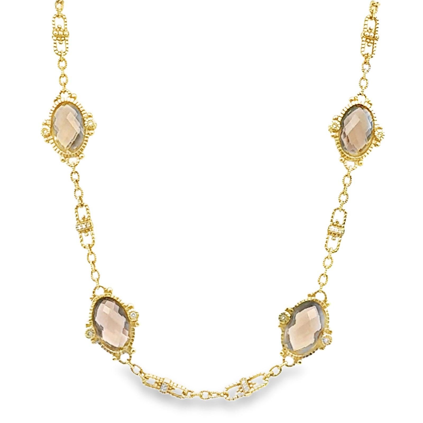 Round Cut Judith Ripka Smokey Quartz Diamond 18 Karat Yellow Gold Link Necklace