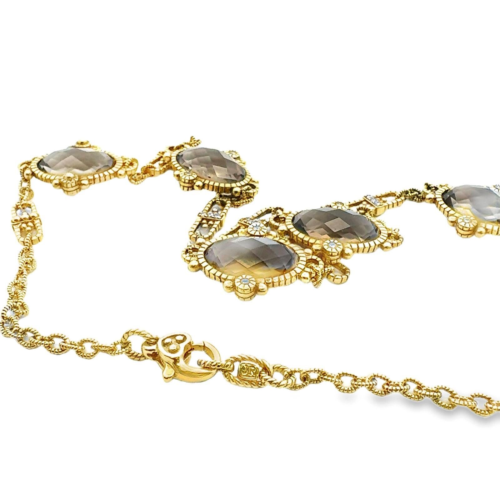 Judith Ripka Smokey Quartz Diamond 18 Karat Yellow Gold Link Necklace In Excellent Condition In Boca Raton, FL