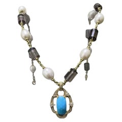 Judith Ripka Smokey Topaz & Pearl Station Necklace w/ Turquoise Pendant