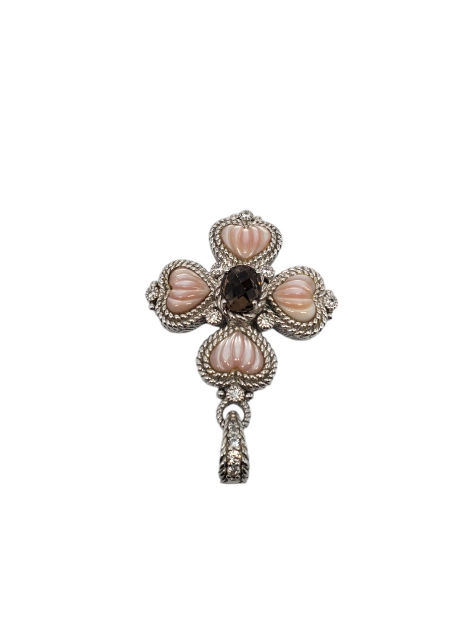 Heart Cut Judith Ripka Sterling Pink Mother Of Pearl Smokey Quartz Cross Pendant #18755