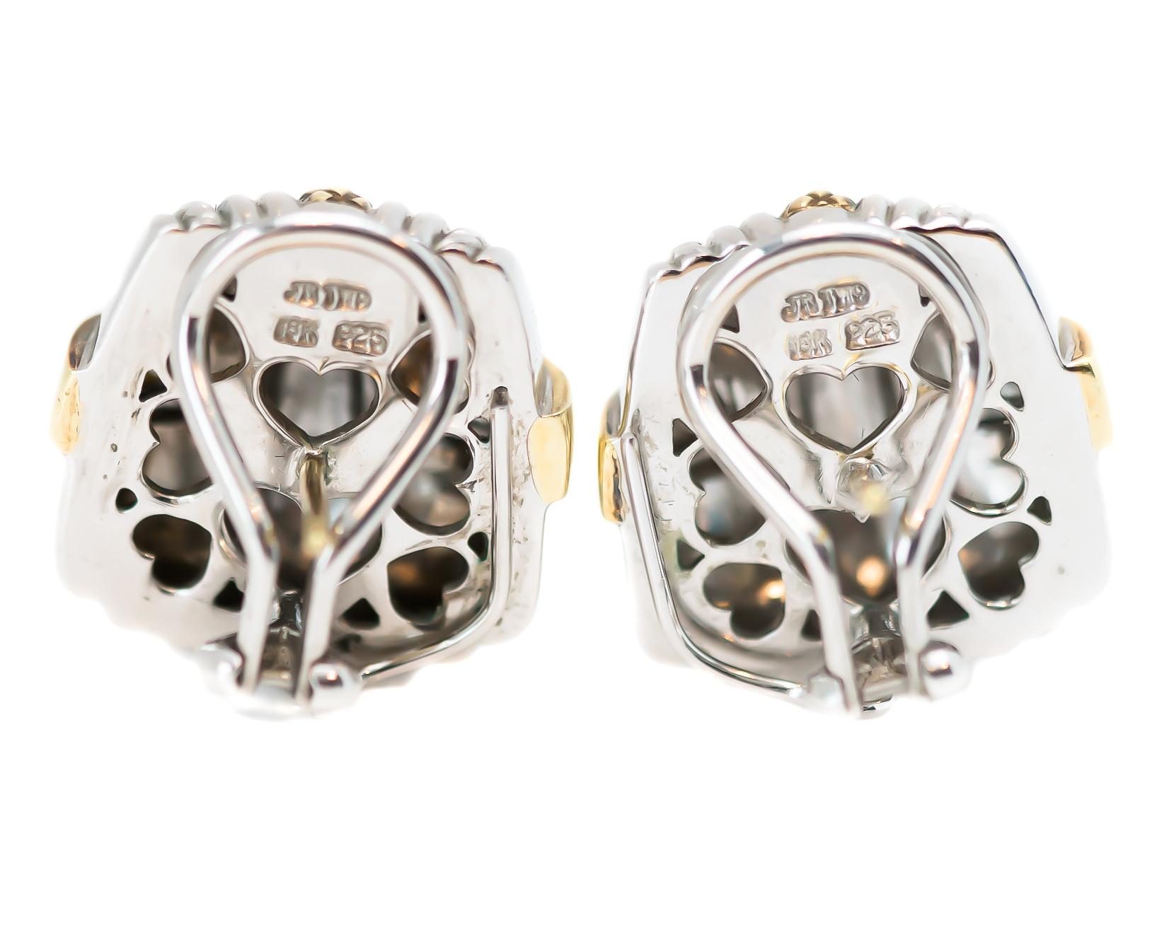 Judith Ripka Huggie Post Earrings - Sterling Silver, 18 Karat Yellow Gold, Diamonds

Features:
Sterling Silver
18 Karat Yellow Gold 
Diamonds

Iconic designer Judith Ripka Design
Authentic Hallmark visible on back of each earring. 
Huggie Style