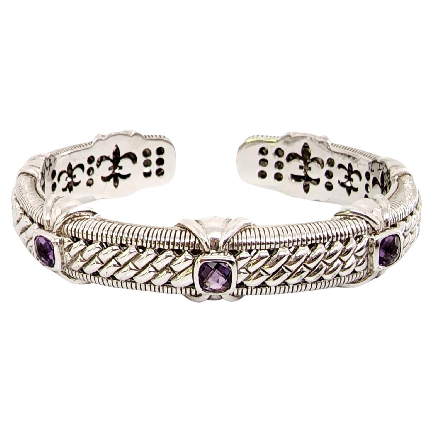 Judith Ripka Sterling Silver Amethyst Hinged Cuff Bracelet #12819 For Sale