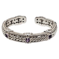 Judith Ripka Sterling Silver Amethyst Rope Hinged Cuff Bracelet #24101