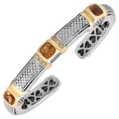 Judith Ripka Sterling Silver and 18K Gold Diamond Bangle Bracelet with Citrine