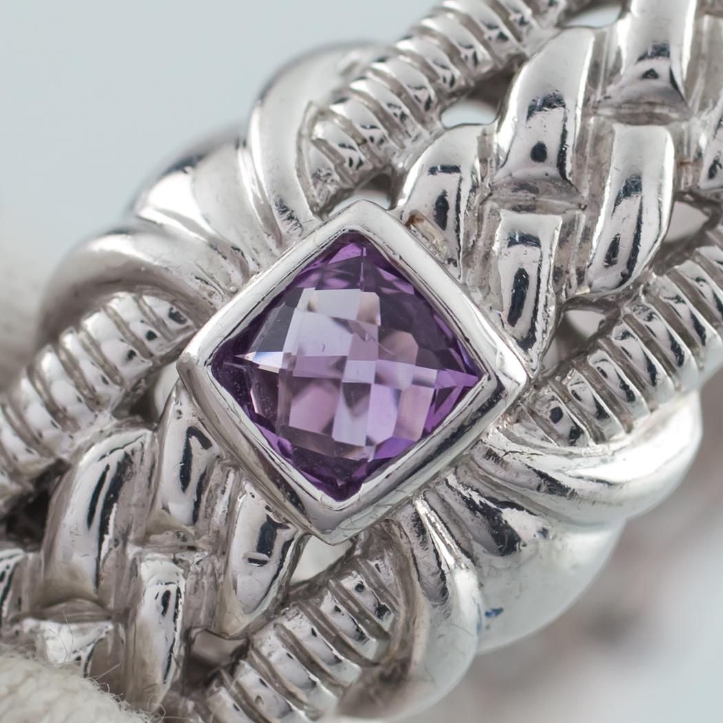 Modern Judith Ripka Sterling Silver and Amethyst Hinged Cuff Bracelet, Size 6.5 For Sale