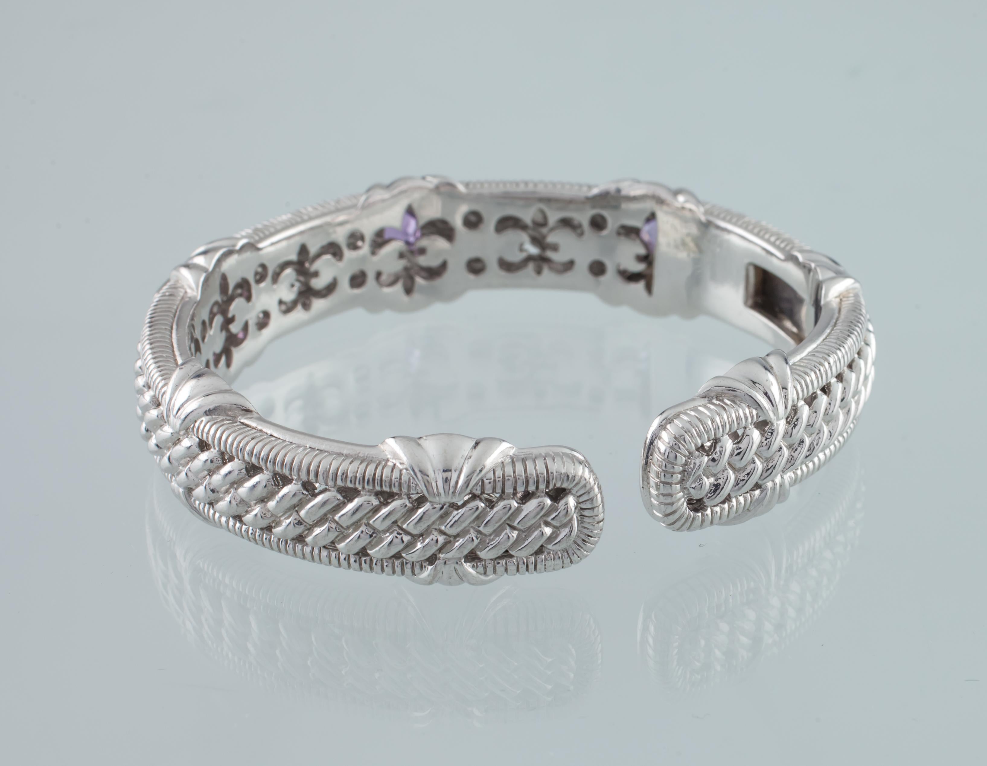Cushion Cut Judith Ripka Sterling Silver and Amethyst Hinged Cuff Bracelet, Size 6.5 For Sale