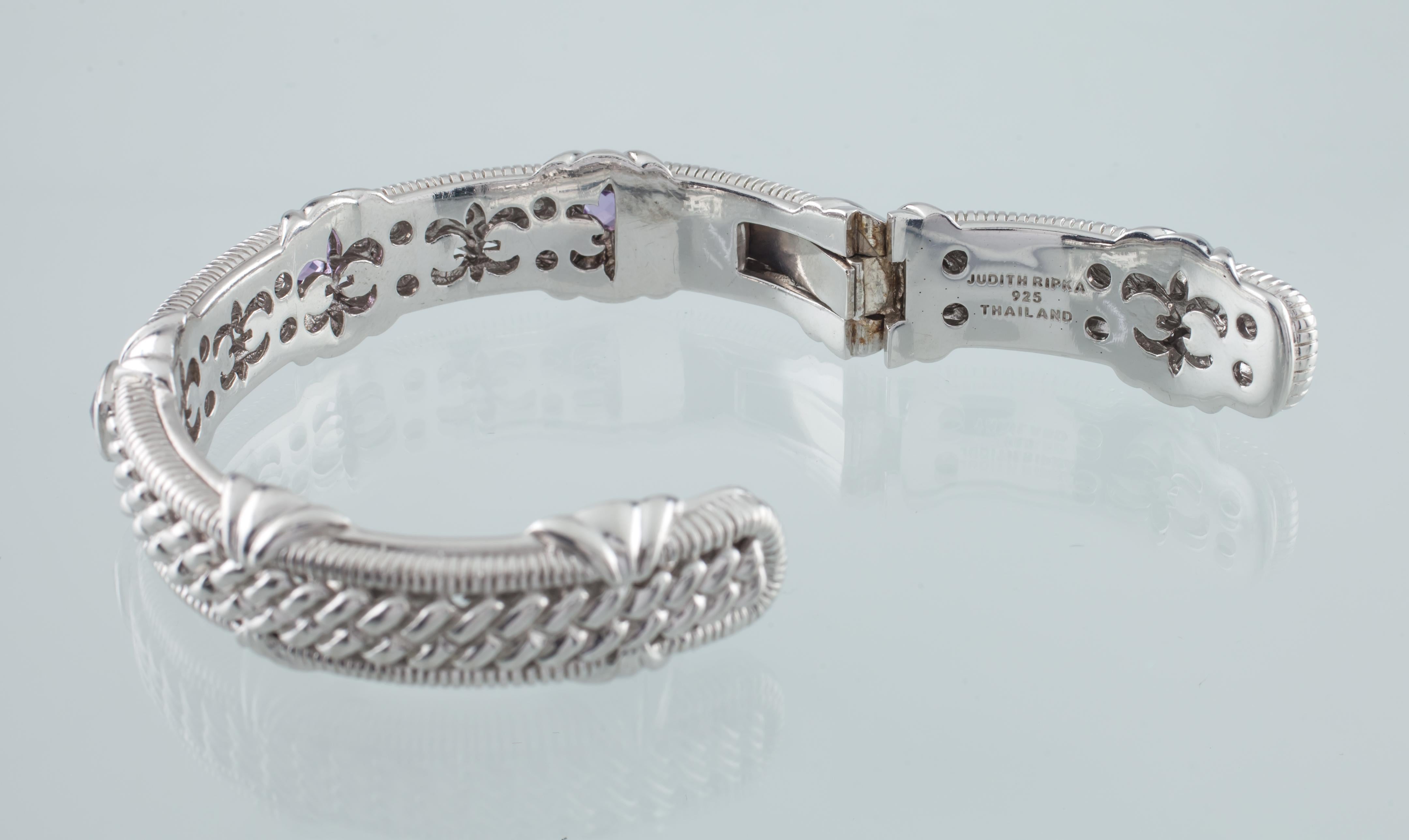 Judith Ripka Sterling Silver and Amethyst Hinged Cuff Bracelet, Size 6.5 In Good Condition For Sale In Van Nuys, CA