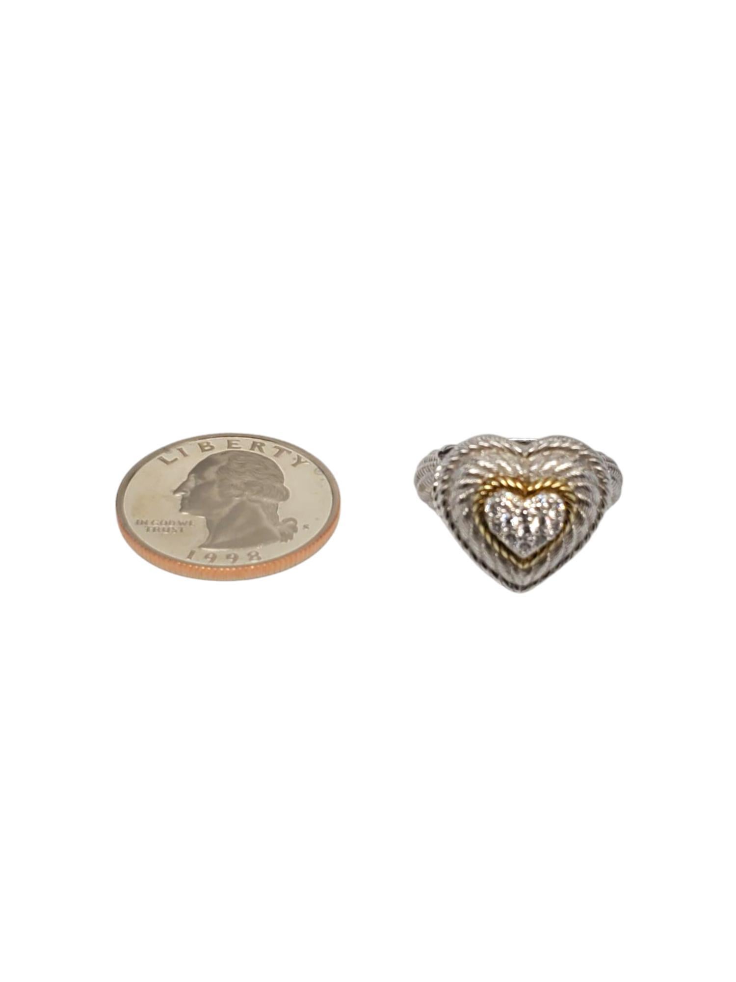Judith Ripka Sterling Silver and  Gold Tone CZ Pave Heart Ring Size 7 #21041 For Sale 1