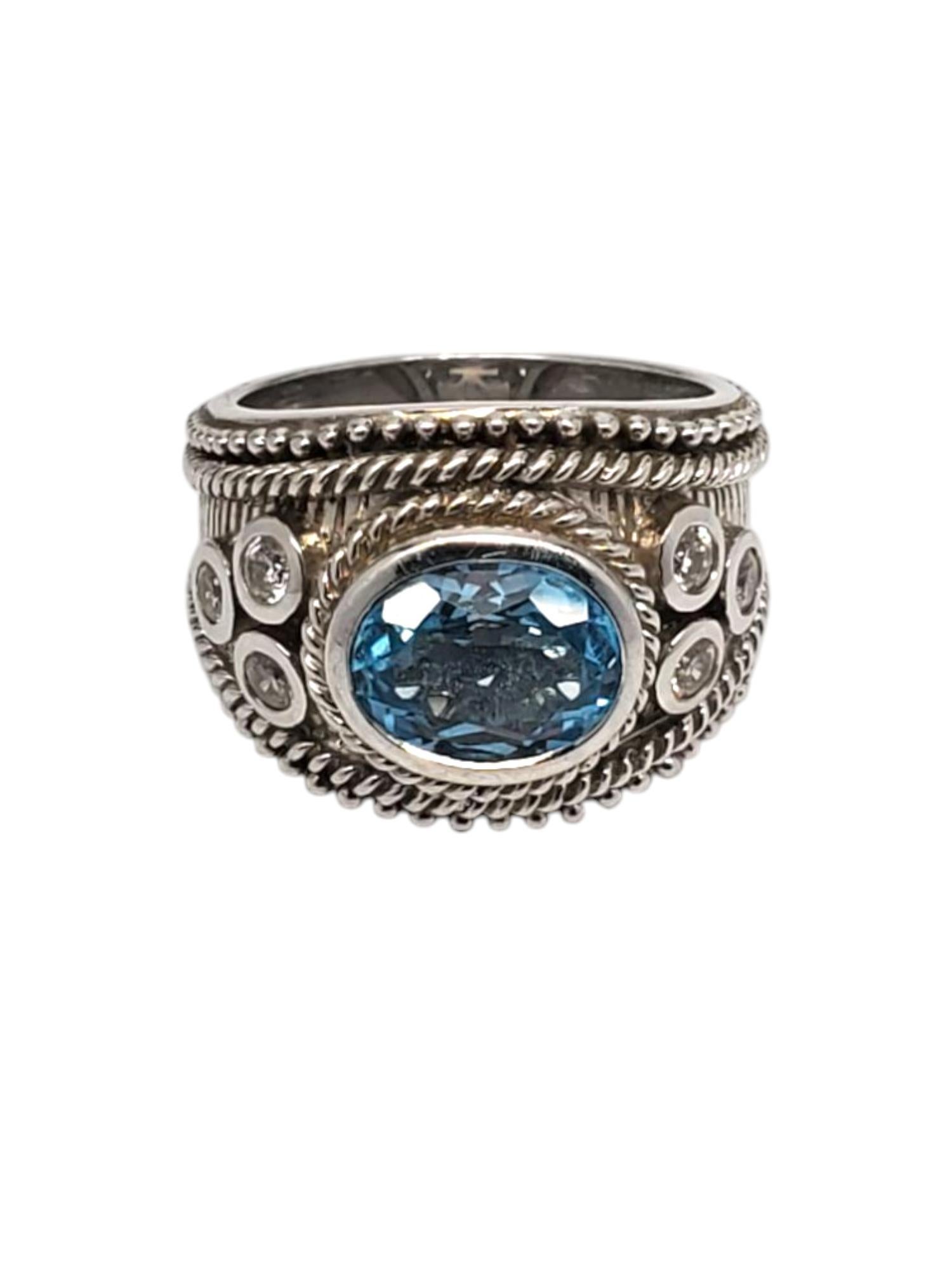 Judith Ripka Sterling Silver Blue Topaz CZ Signet Ring Size 7 #21002