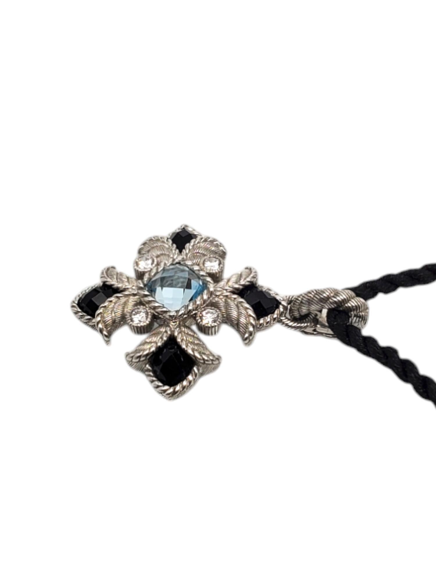Square Cut Judith Ripka Sterling Silver Blue Topaz With Onyx & CZ Maltese Cross # 19212