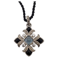 Judith Ripka Sterling Silver Blue Topaz With Onyx & CZ Maltese Cross # 19212