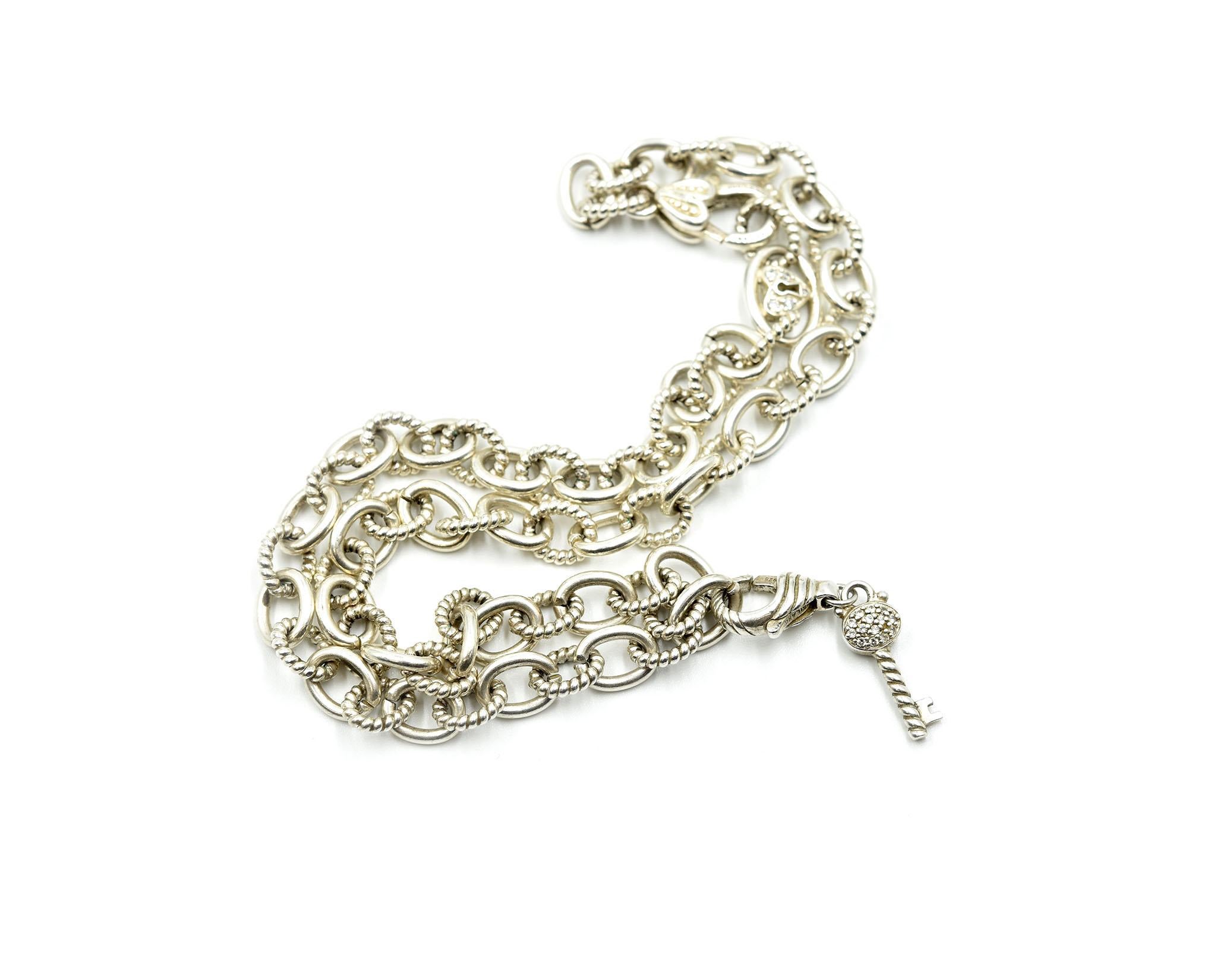 Designer: Judith Ripka
Collection: Cable Collection
Material: sterling silver
Dimensions: necklace measures 18 inches long, diamond key is 3/4-inches long and 1/4-inches wide
Weight: 49.50 grams
Retail: $700.00
