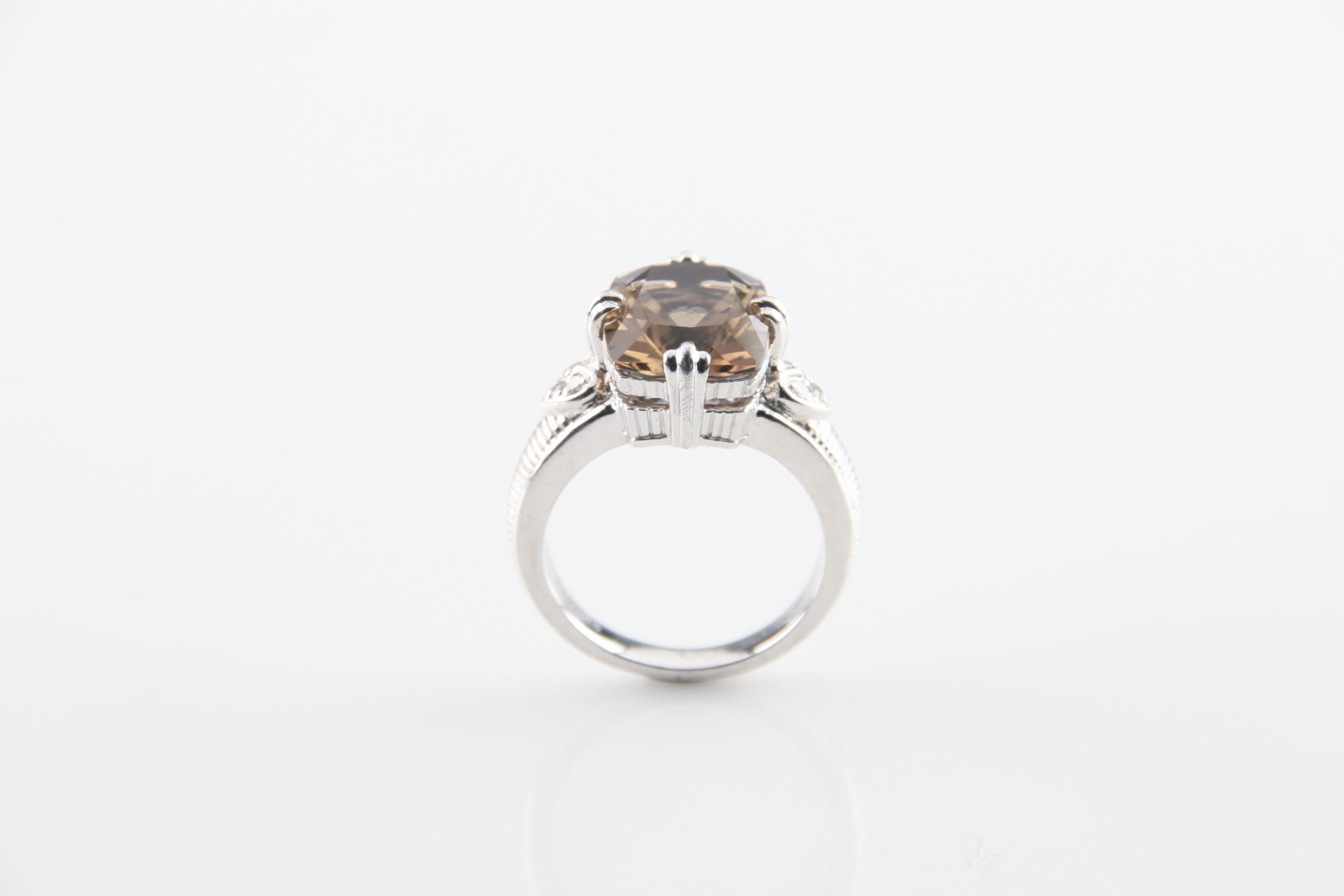 Modern Judith Ripka Sterling Silver Cushion Cut Smoky Quartz Ring w/ CZ Accents Size 10 For Sale