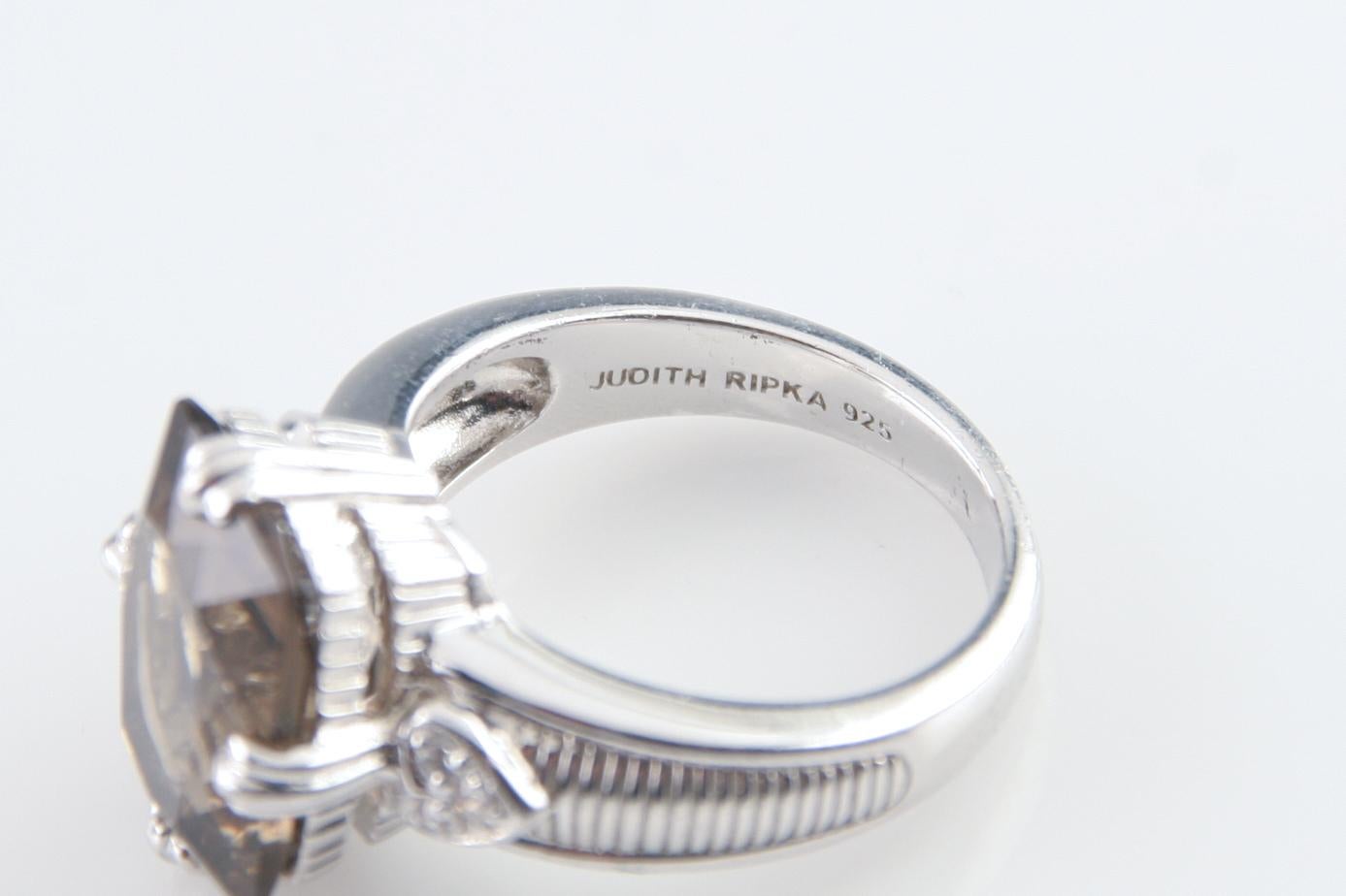 Women's or Men's Judith Ripka Sterling Silver Cushion Cut Smoky Quartz Ring w/ CZ Accents Size 10 For Sale
