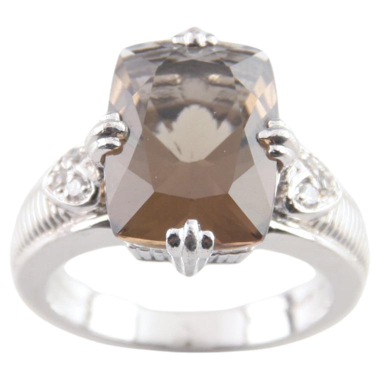 Judith Ripka Sterling Silver Cushion Cut Smoky Quartz Ring w/ CZ Accents Size 10 For Sale