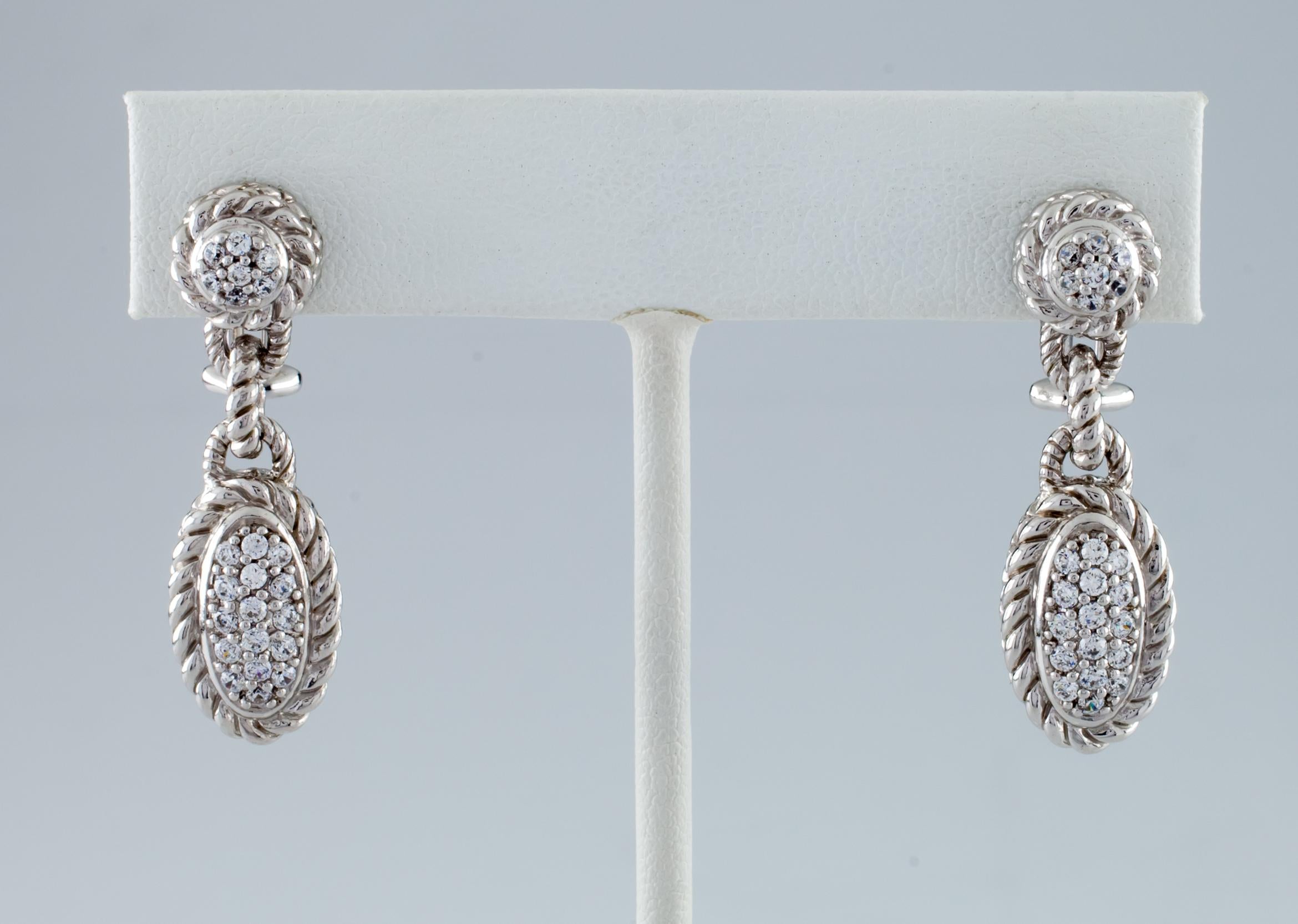 Modern Judith Ripka Sterling Silver & CZ Dangle Earrings with Omega Backs For Sale