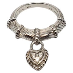 Judith Ripka Sterling Silver CZ Dangle Heart Charm Ring #18715