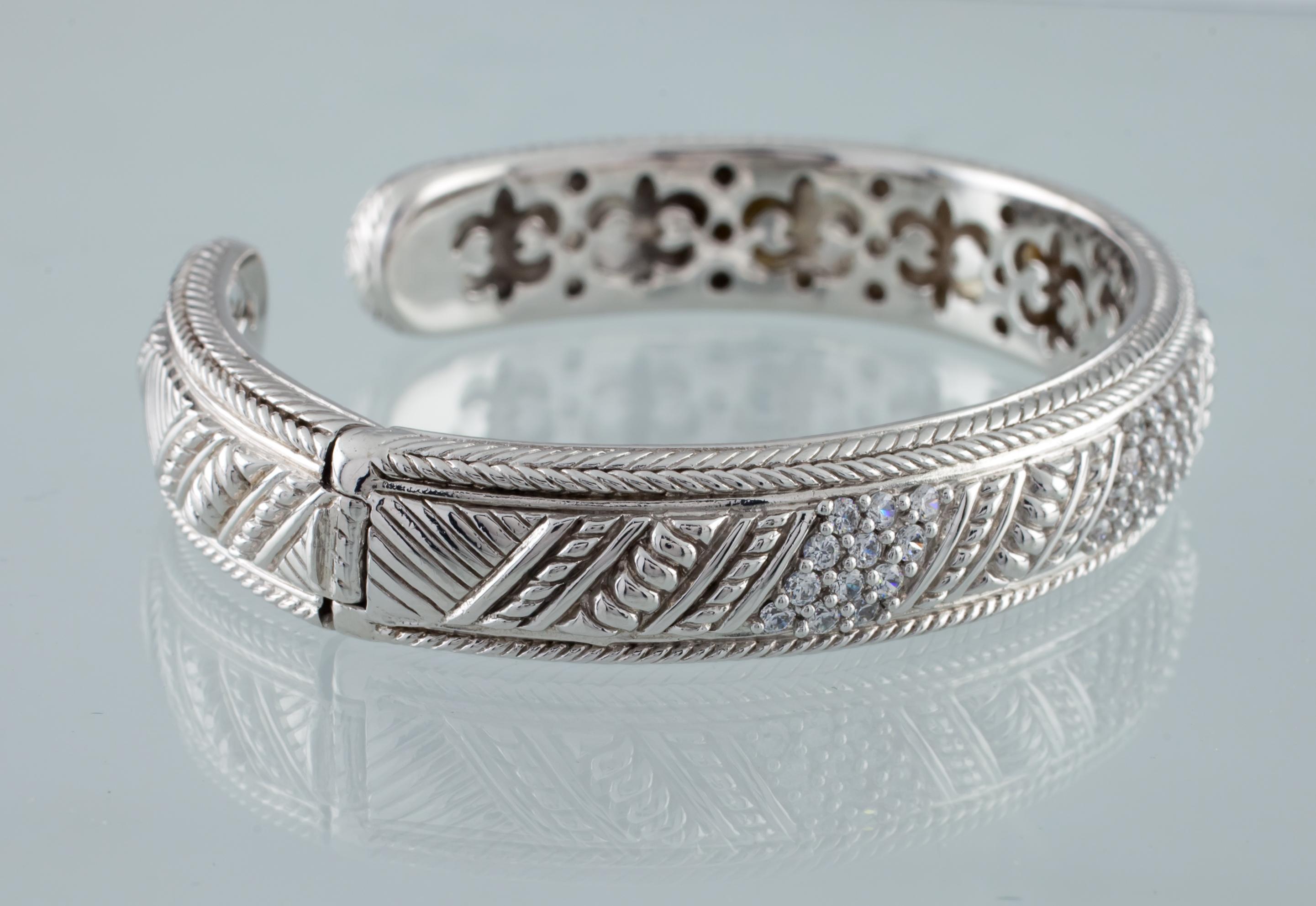 Modern Judith Ripka Sterling Silver & CZ Hinged Cuff Bracelet, Size 6.5 For Sale