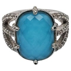 Judith Ripka Sterling Silver CZ Turquoise Doublet Cable Ring Size 11 #24578