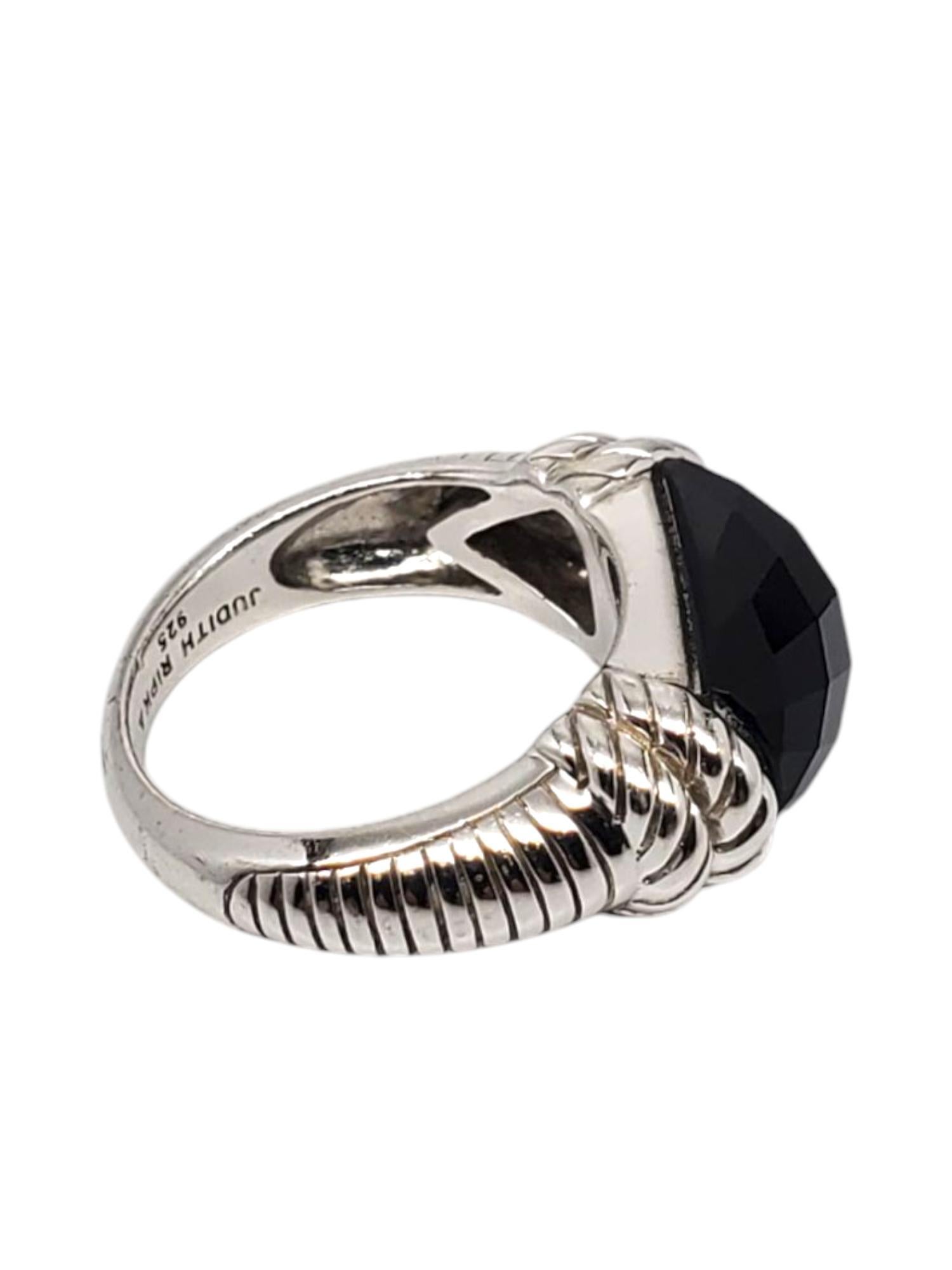 Judith Ripka Sterling Silver Faceted Onyx Ring Size 7 #21008 In Good Condition For Sale In Washington Depot, CT
