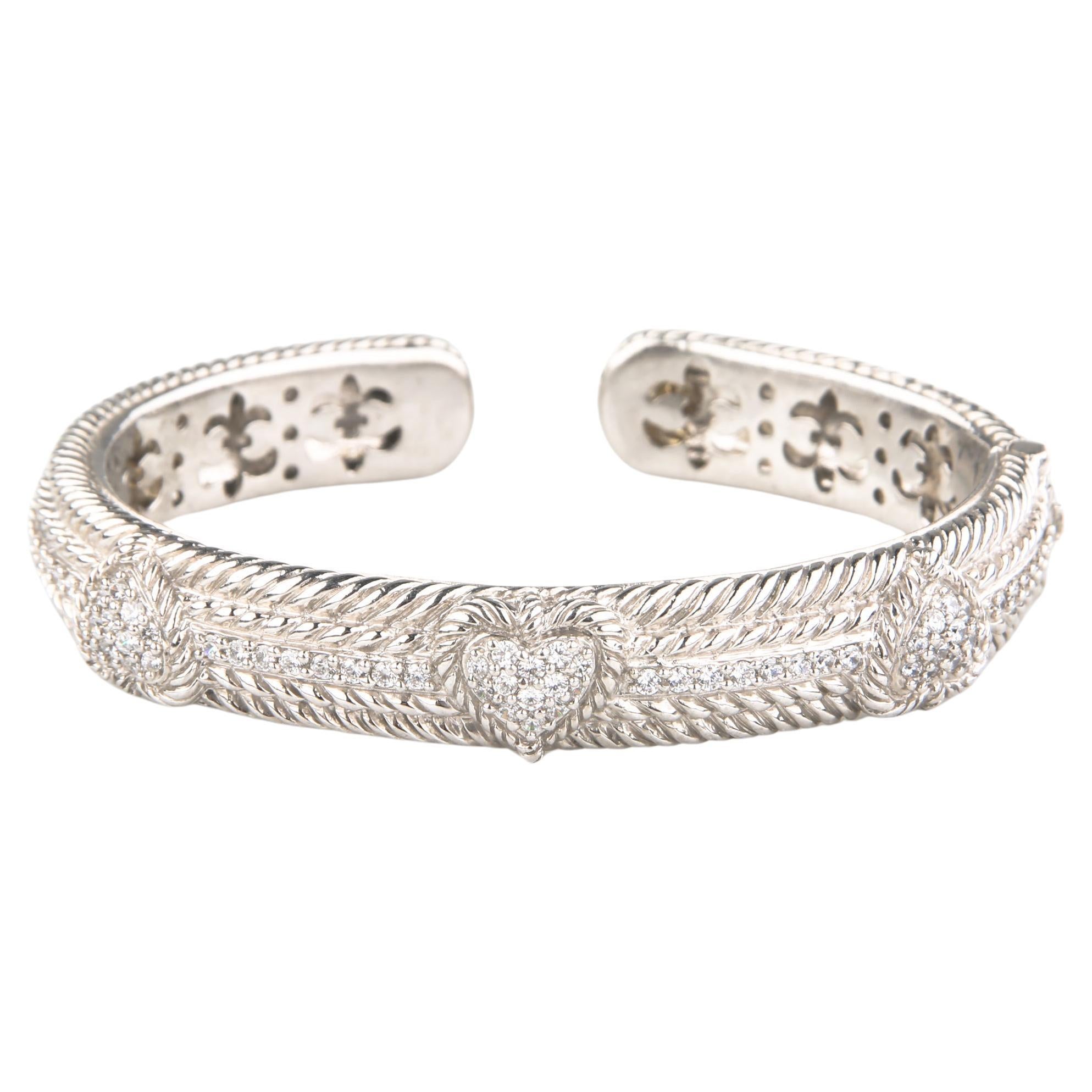Judith Ripka Sterling Silver Hinged Cuff Bracelet with Cubic Zirconia Hearts