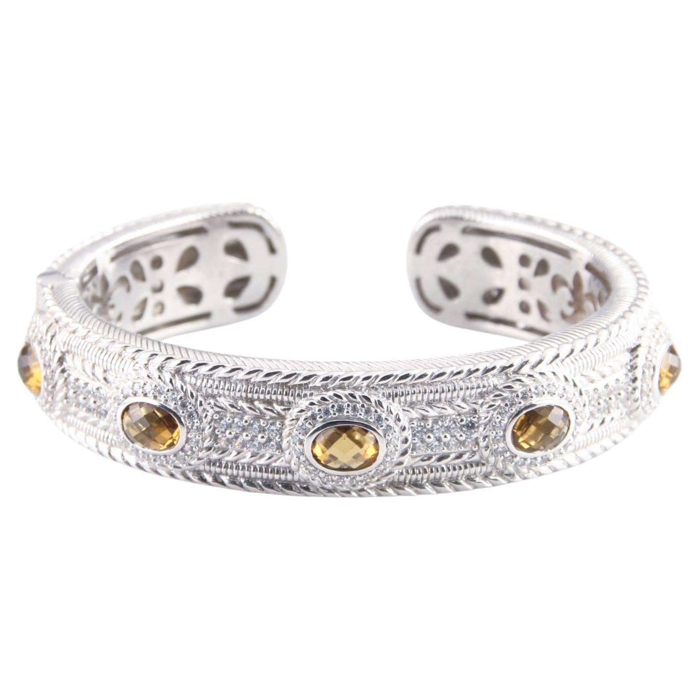 Judith Ripka Sterling Silver Hinged Cuff Cognac Quartz Bracelet w/ CZ Accents