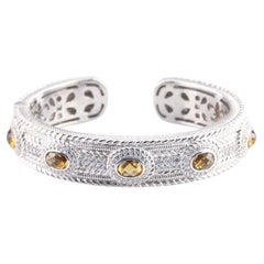 Judith Ripka Sterling Silver Hinged Cuff Cognac Quartz Bracelet w/ CZ Accents