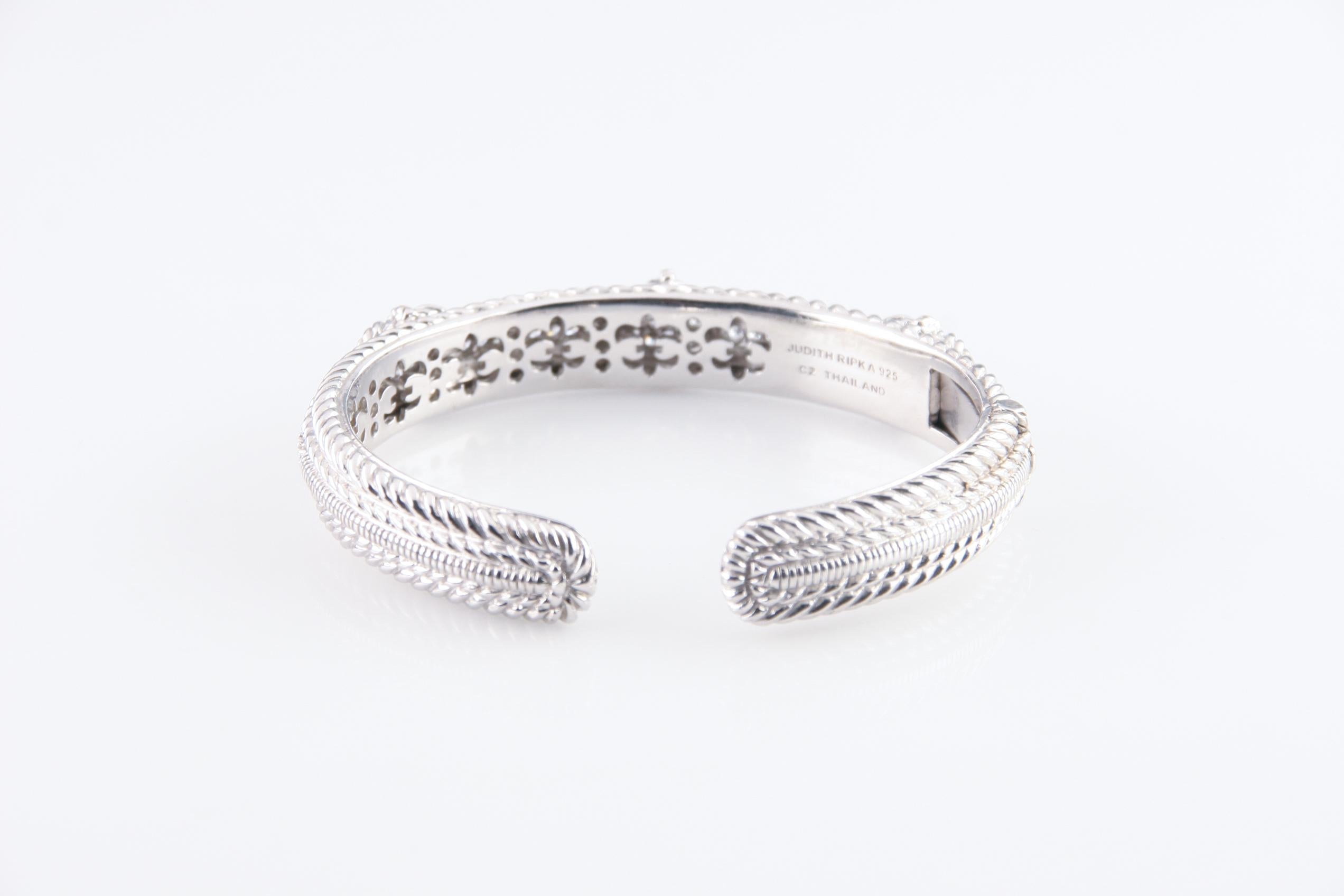 Modern Judith Ripka Sterling Silver Hinged Cuff CZ Heart & Accent Bracelet, Size 7 For Sale