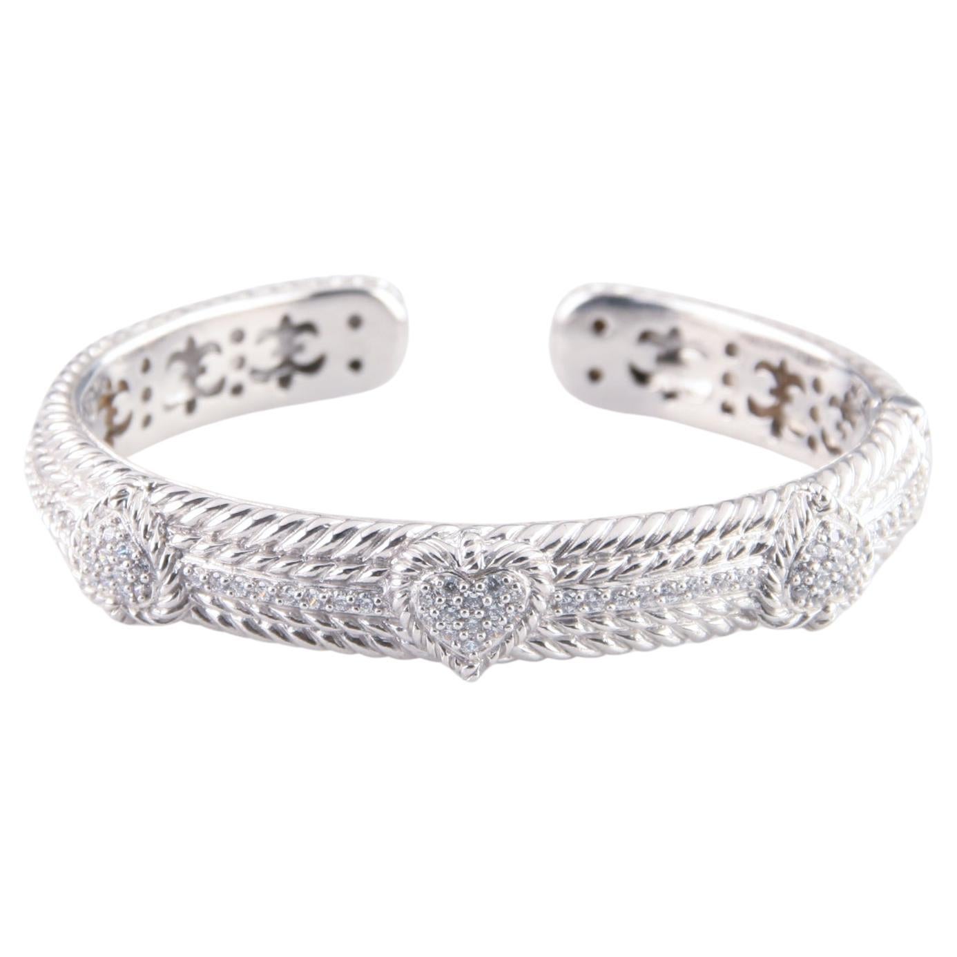 Judith Ripka Sterling Silver Hinged Cuff CZ Heart & Accent Bracelet, Size 7