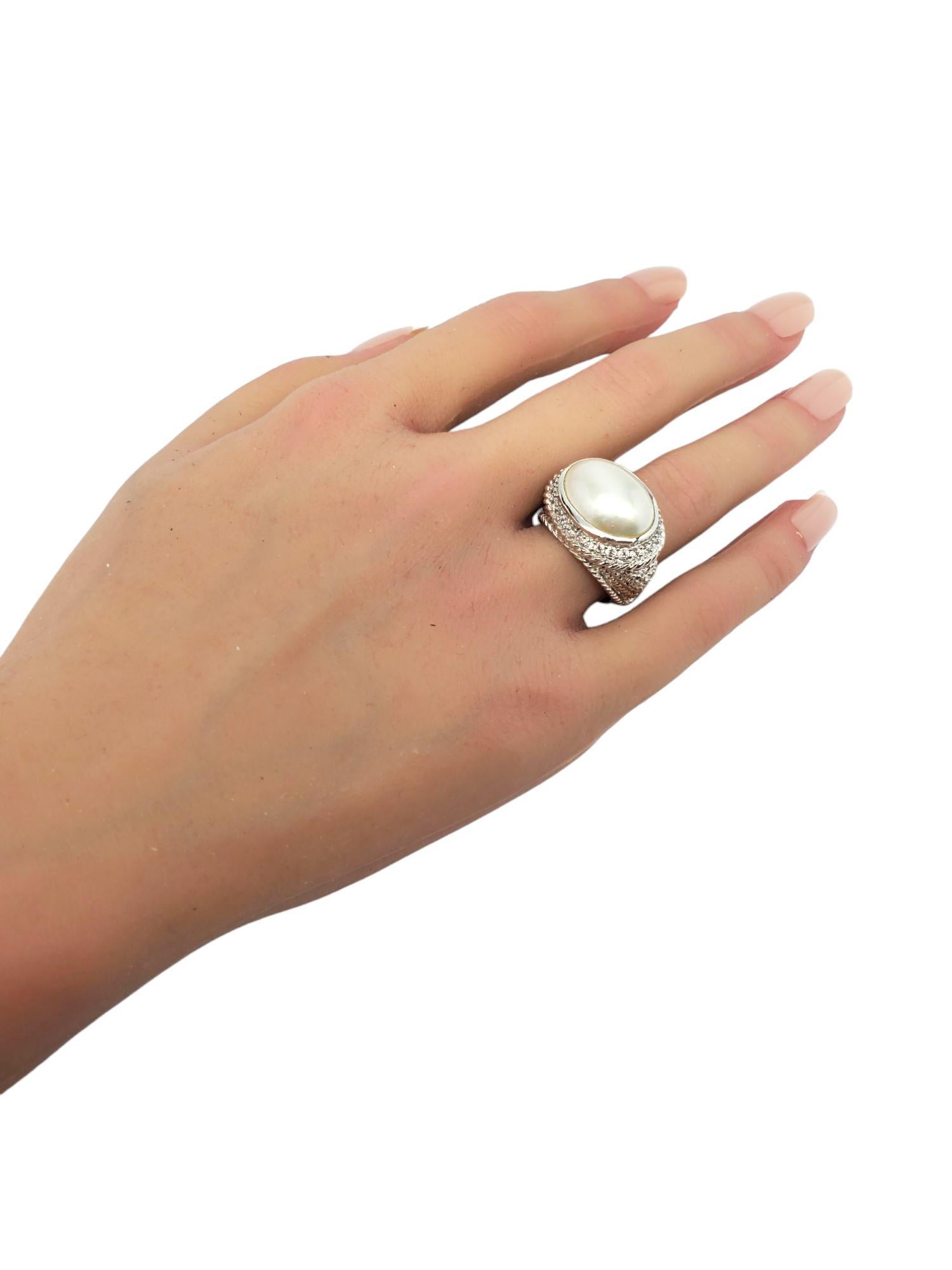 Judith Ripka Sterling Silver Mabe Pearl and CZ Ring Size 7 #21042 For Sale 4