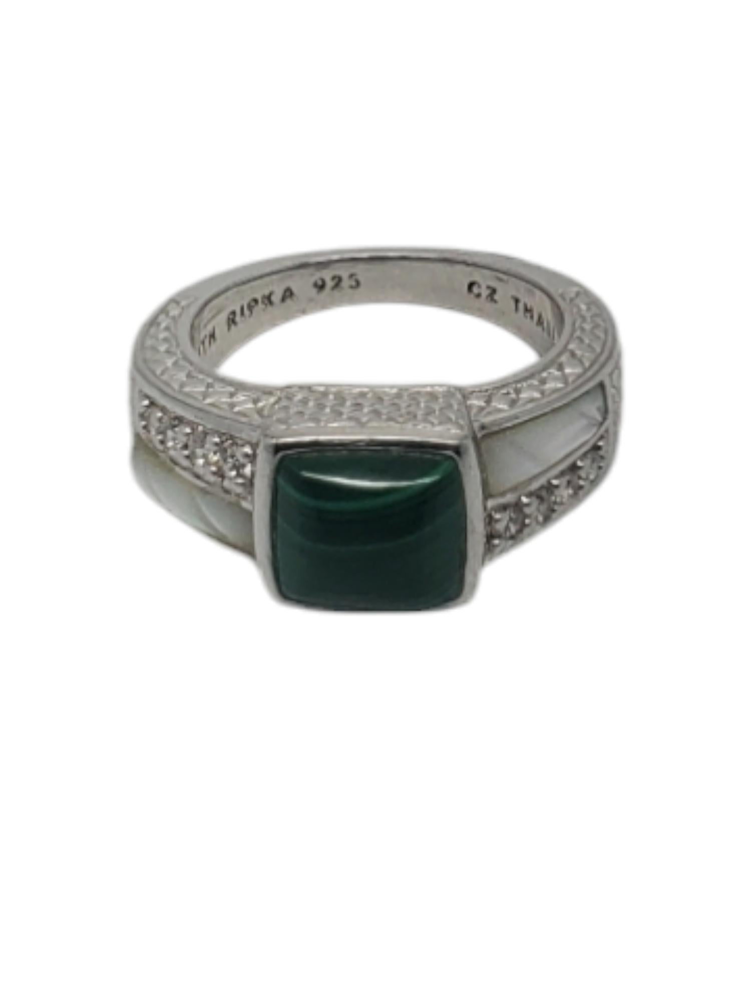 Anillo Judith Ripka de plata de ley con malaquita y circonitas talla 7 #20227