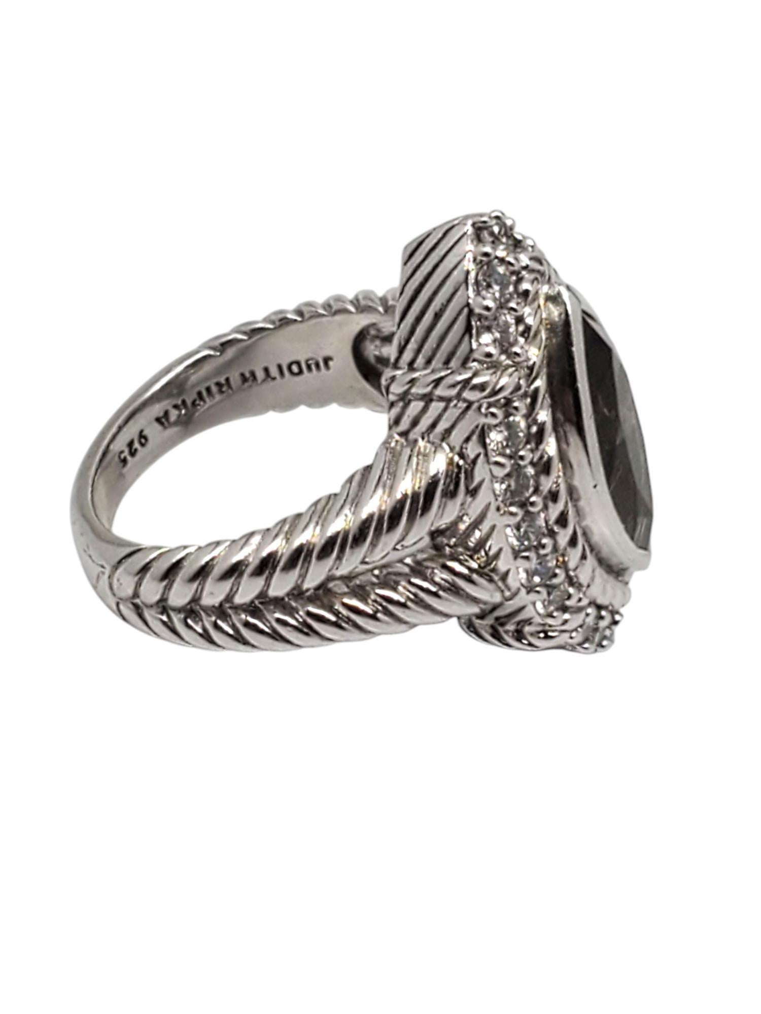 Judith Ripka Anello in argento con quarzo marquise e CZ misura 7 #21156 In condizioni buone in vendita a Washington Depot, CT