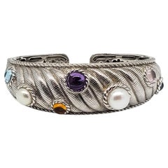 Judith Ripka Sterling Silver Multi Gemstone Hinged Cuff Bracelet #23386