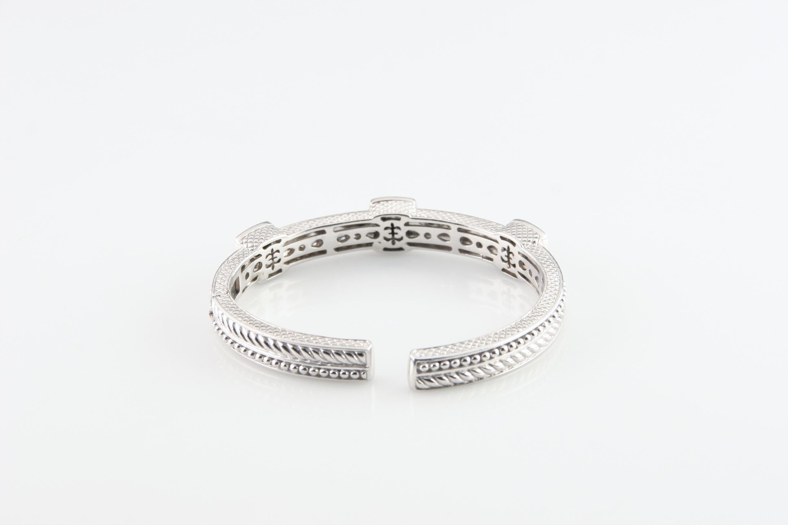 Modern Judith Ripka Sterling Silver Onyx, Mother-of-Pearl and CZ Hinged Cuff, Size 6.5
