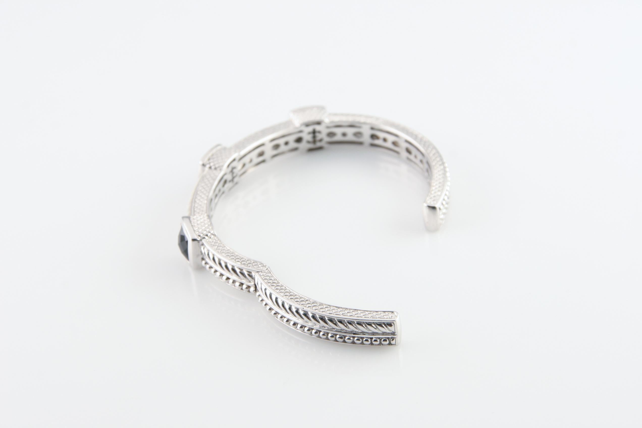 Cushion Cut Judith Ripka Sterling Silver Onyx, Mother-of-Pearl and CZ Hinged Cuff, Size 6.5