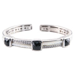 Judith Ripka Sterling Silver Onyx, Mother-of-Pearl and CZ Hinged Cuff, Size 6.5
