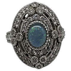 Judith Ripka Sterling Silver Opalescent Stone & CZ Cocktail Ring Size 10 #22429