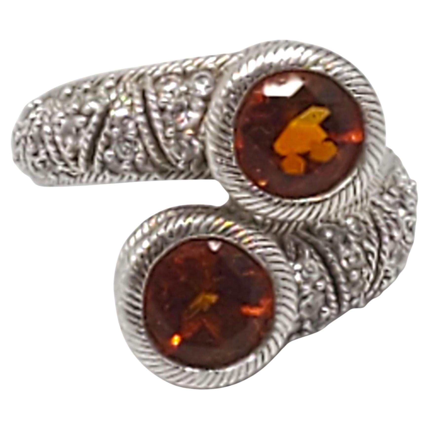 Judith Ripka Sterling Silber Orange CZ Bypass Ring Größe 6 #23439 im Angebot